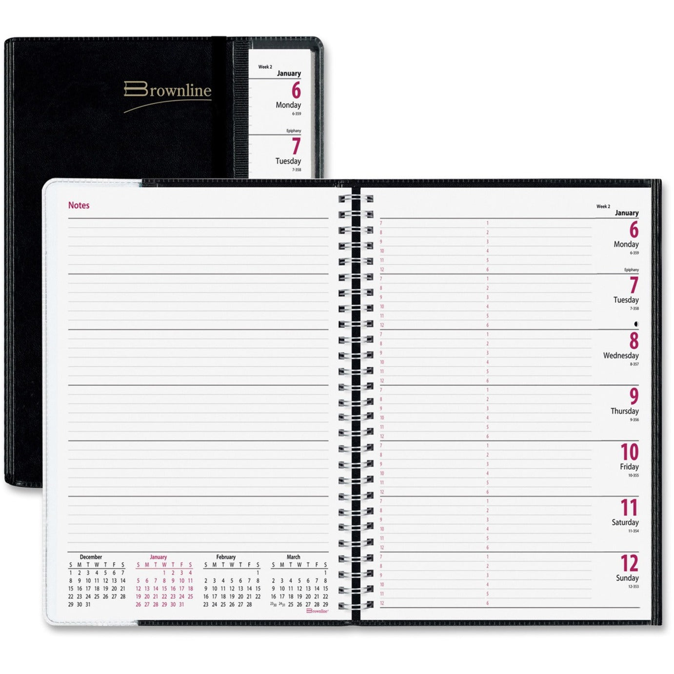 Brownline Pre-View Weekly Planner Weekly - 12 Month - January 2026 to December 2026 - 7:00 AM to 6:00 PM - Hourly - 6 3/4" x 8 1/2" Sheet Size - Twin Wire - Black - Paper - Soft Cover, Flexible Cover, Ruled, Notes Area, Foldable, Appointment Sc (CB920BLK)