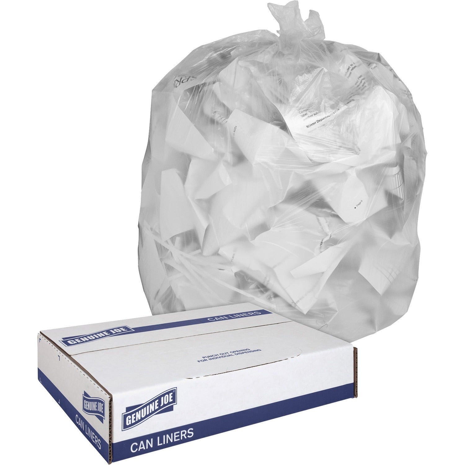 Genuine Joe Clear Trash Can Liners Medium Size - 30 gal Capacity - 36" Length x 30" Width x 0.60 mil (15 Micron) Thickness - Low Density - Clear - 250/Box - 1 / Carton (GJO01012)