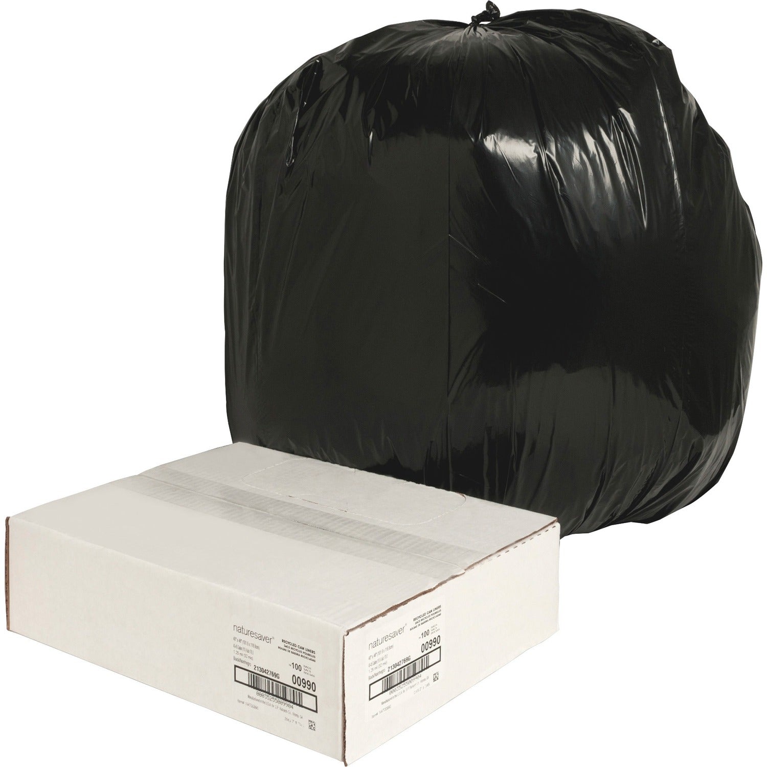 Nature Saver Black Low-density Recycled Can Liners Large Size - 45 gal Capacity - 46" Length x 40" Width x 1.25 mil (32 Micron) Thickness - Low Density - Black - Plastic - Cleaning Supplies - Recycled - 100 / Carton (00990)