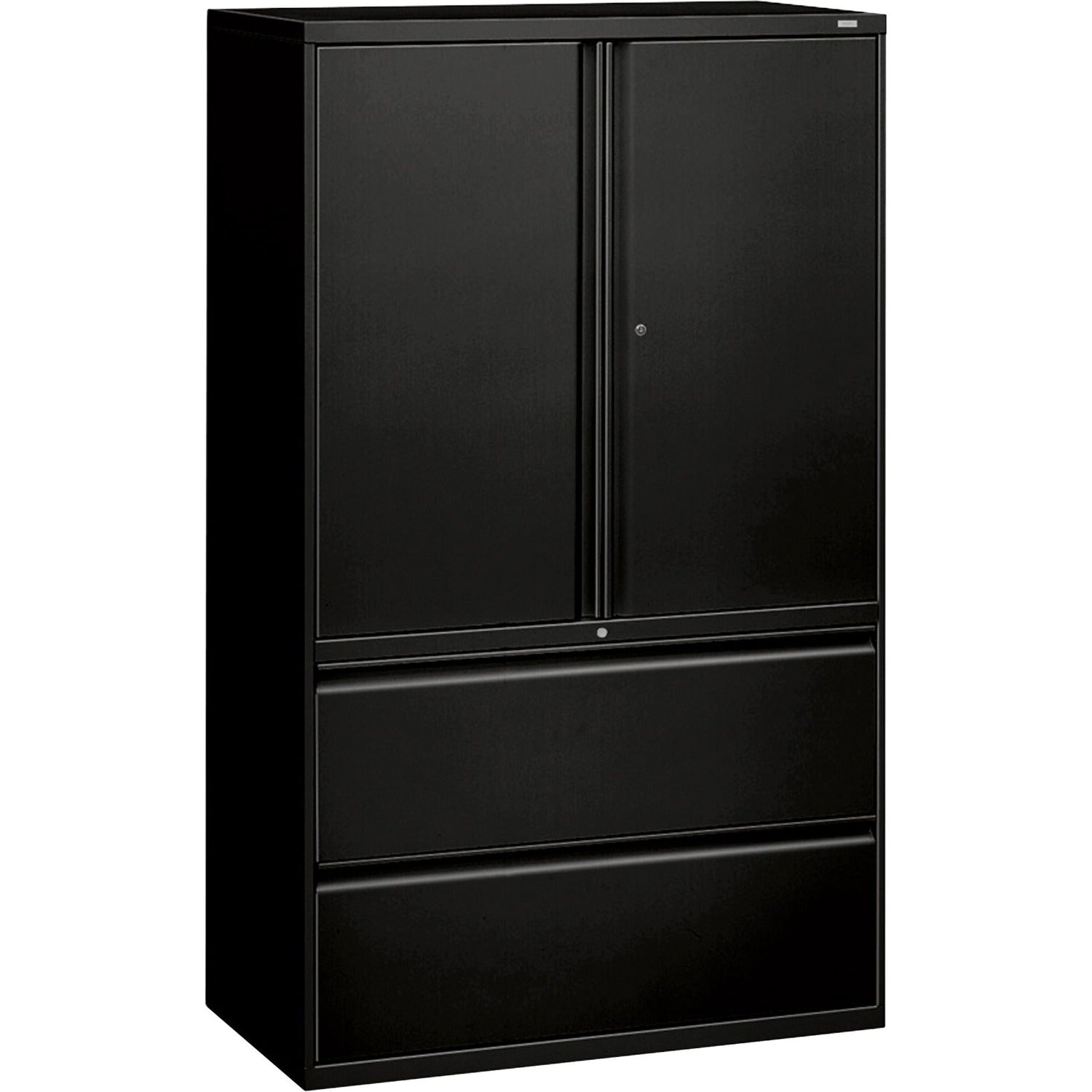 HON 800 Series Wide Lateral File with Storage Cabinet - 2-Drawer 42" Width x 18" Depth x 64.2" Height - 2 x Shelf(ves) - 2 x Drawer(s) for File - 2 x Side Open Door(s) - Legal, Letter - Lateral - Security Lock - Black - Steel - Recycled (895LSP)