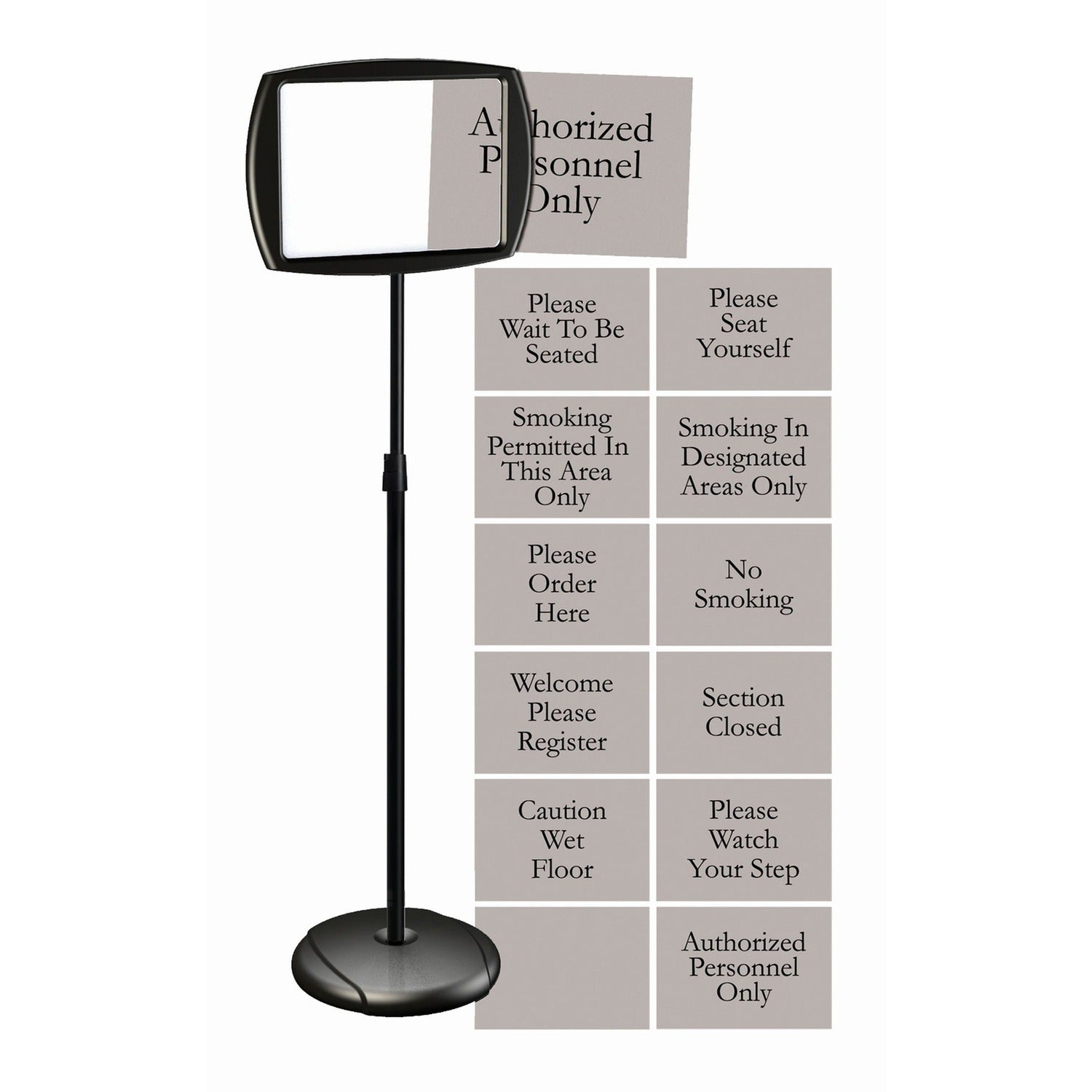 MasterVision Interchangeable Floor Pedestal Sign Print/Message "Please Wait To Be Seated" , "Authorized Personnel Only" , "Please Watch Your Step" , "Please Seat Yourself" , "Smoking In Designated Areas Only" , "Smoking Permitted In This Are (SIG05050505)