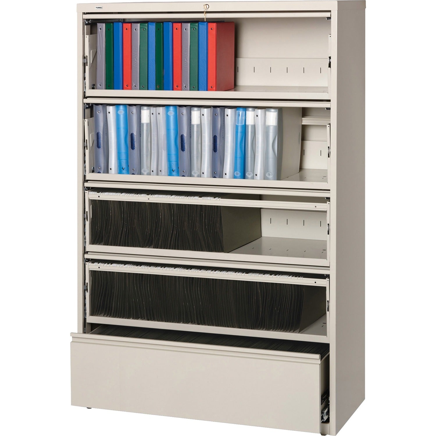 Lorell Fortress Lateral File with Roll-Out Shelf 42" Width x 18.6" Depth x 68.8" Height - 5 x Drawer(s) for File - Legal, Letter, A4 - Recessed Handle, Ball-bearing Suspension, Leveling Glide, Heavy Duty, Interlocking - Putty - Steel - Recycled (LLR43516)