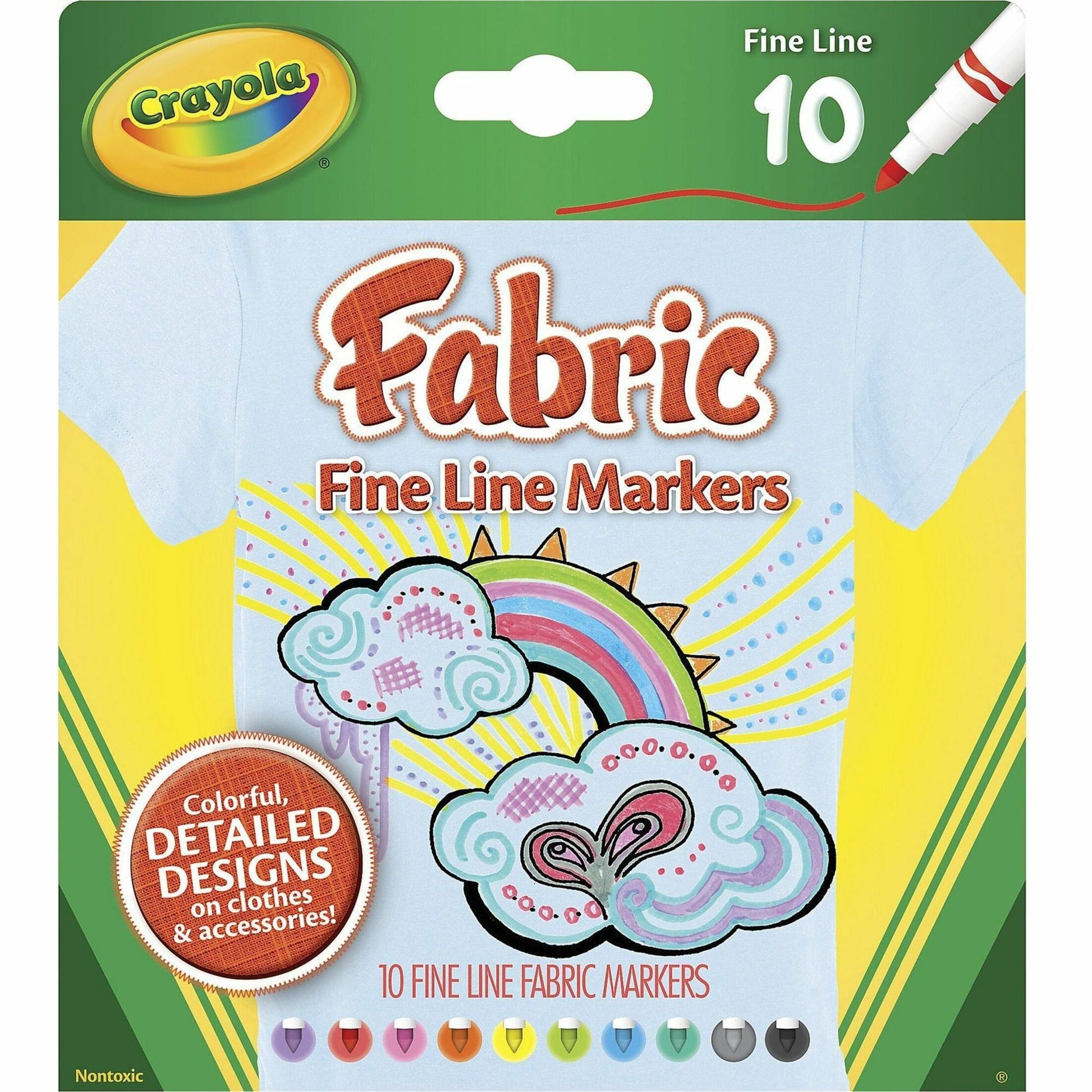 Crayola Bright Fabric Markers Fine Marker Point - Washable - Black, Blue, Brown, White, Gray, Lime, Pink, Red, Teal, Yellow Ink - 10 / Set (588626)