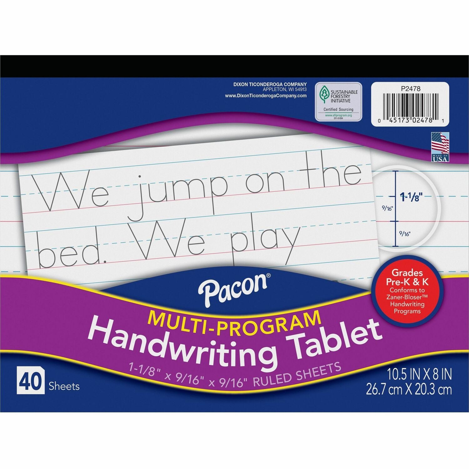 Pacon Multi-Program Handwriting Tablet 40 Sheets - Both Side Ruling Surface - Ruled Front Ruling - 1.13" Ruled - 10 1/2" x 8" Sheet Size - White Paper - Assorted Cover - Chipboard Backing, Recyclable, Film-wrapped - 1 Each (2478)