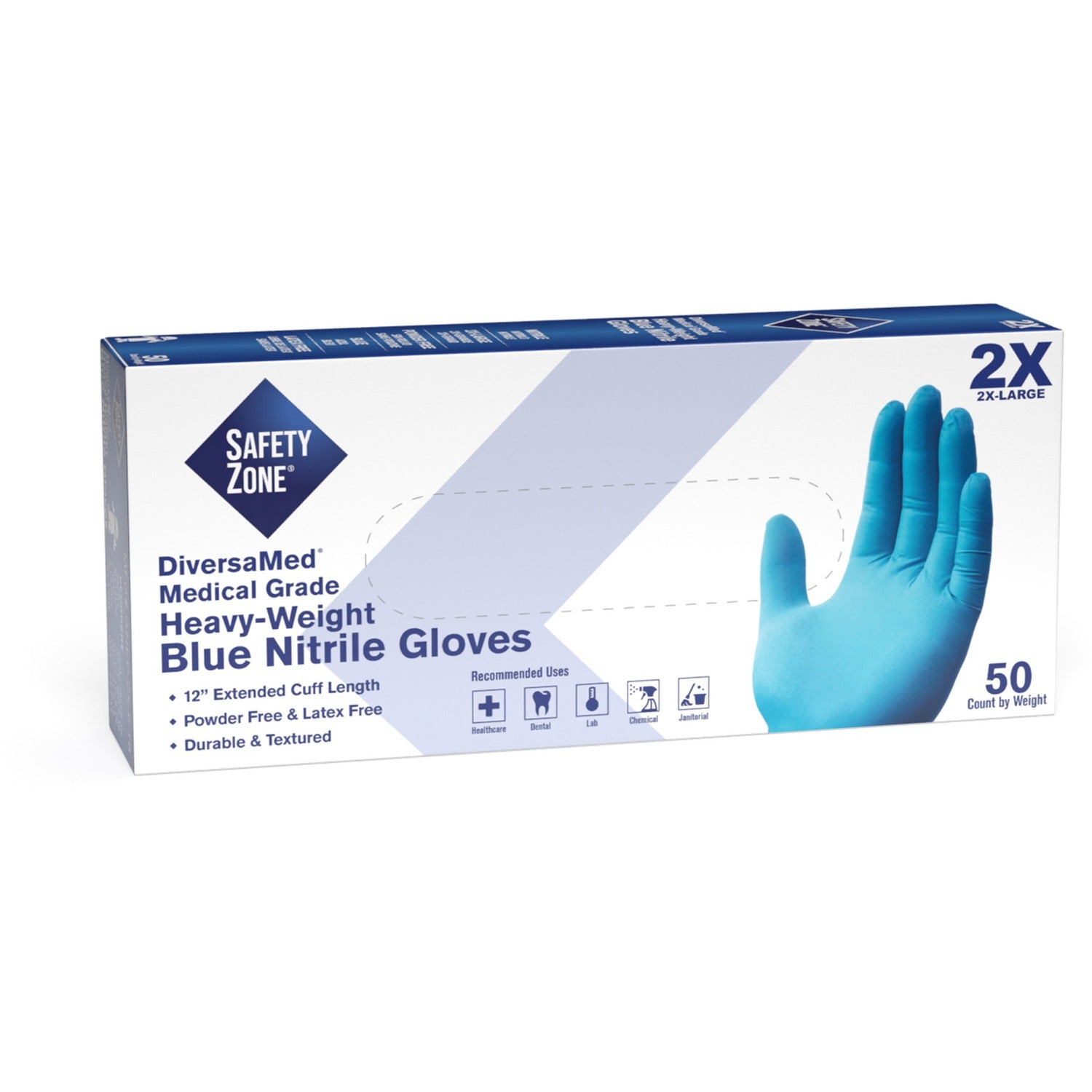 Safety Zone 12" Powder Free Blue Nitrile Gloves XXL Size - Blue - Comfortable, Allergen-free, Silicone-free, Latex-free, Textured, DEHP-free - For Cleaning, Dishwashing, Medical, Food, Janitorial Use, Painting, Pet Care - 50 / Box - 8 mil Thic (GNEP2X5T8)