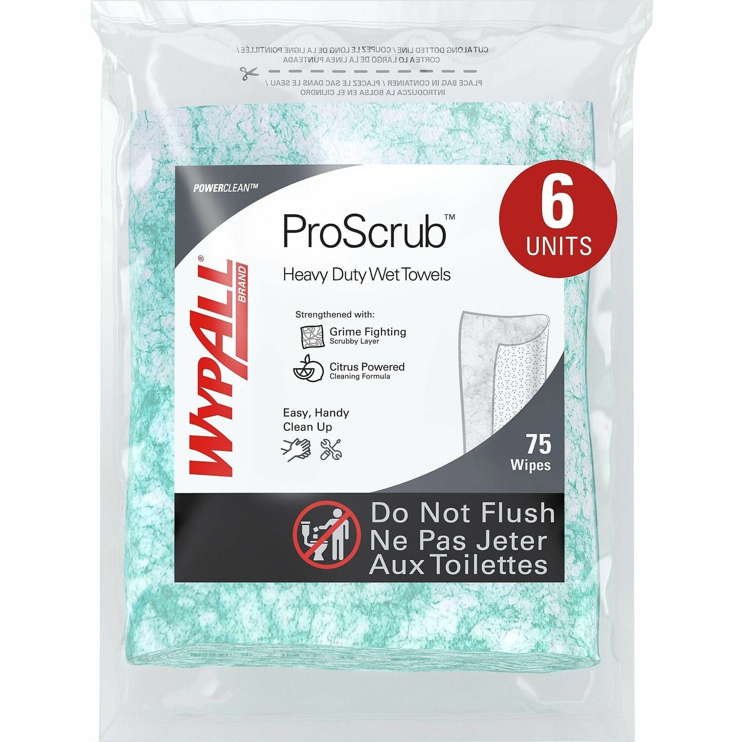 Wypall PowerClean ProScrub Heavy Duty Wet Towels Orange Citrus Scent - 12" Length x 9.50" Width - 75 / Bag - 450 / Carton - Alcohol-free, Pre-moistened, Soft - Green (91367)