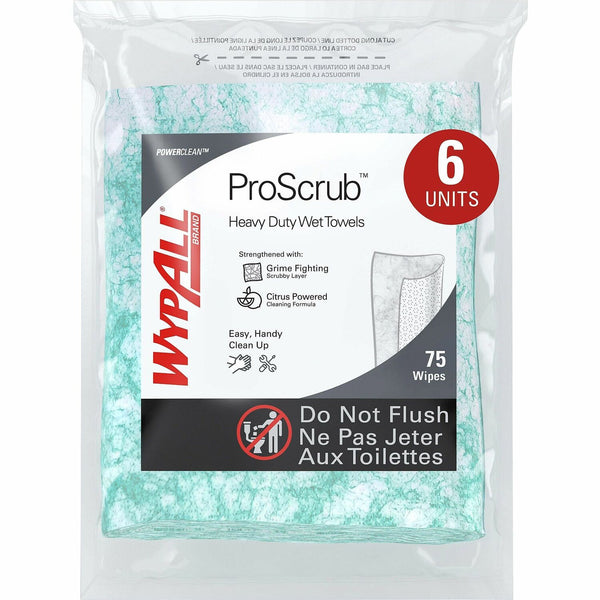 Wypall PowerClean ProScrub Heavy Duty Wet Towels Orange Citrus Scent - 12" Length x 9.50" Width - 75 / Bag - 450 / Carton - Alcohol-free, Pre-moistened, Soft - Green (91367)