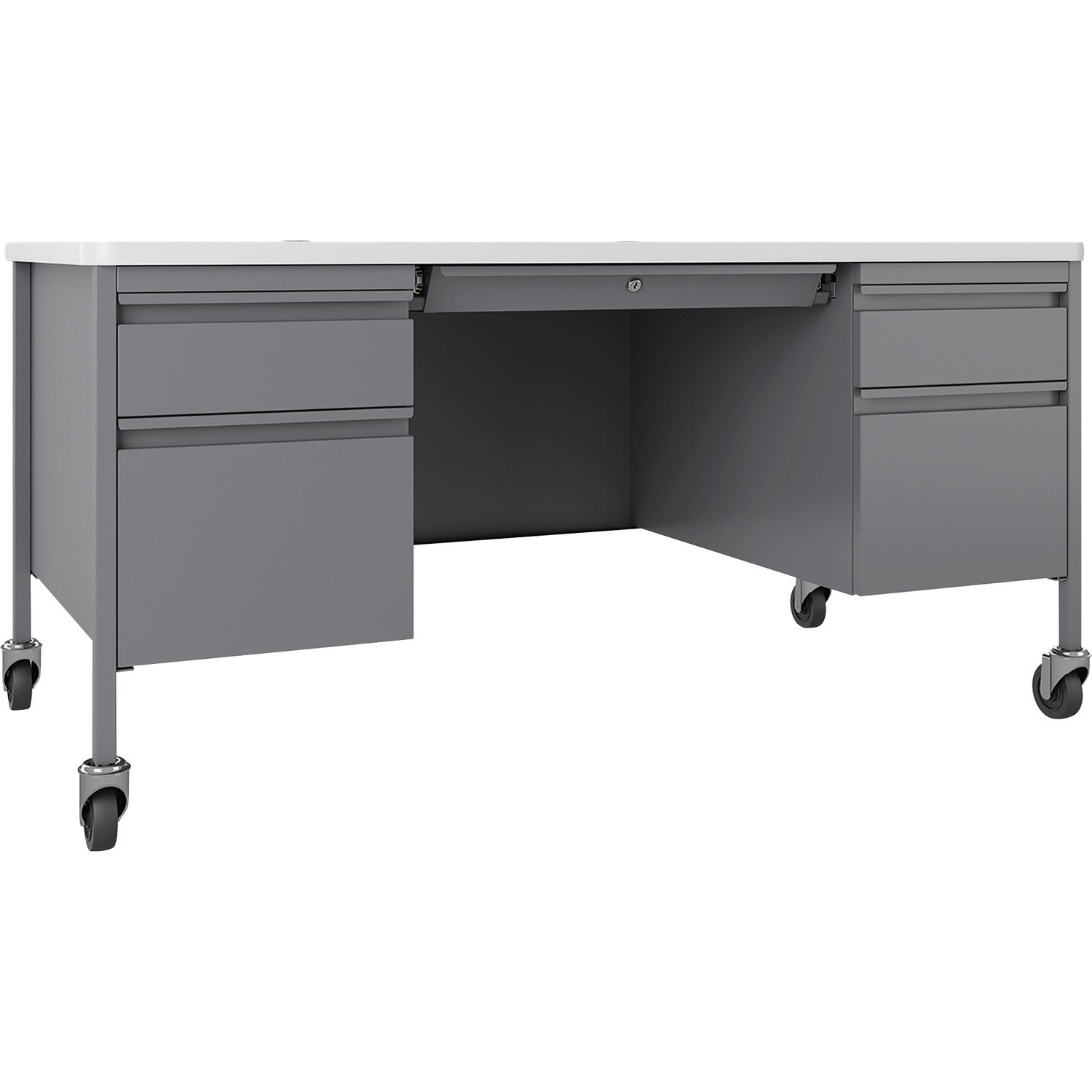 Lorell Fortress Series Mobile Double-Pedestal Teachers Desk 29.5" Height x 60" Width x 30" DepthBox, File Drawer(s) - Double Pedestal - T-mold Edge - Finish: Gray (LLR66946)