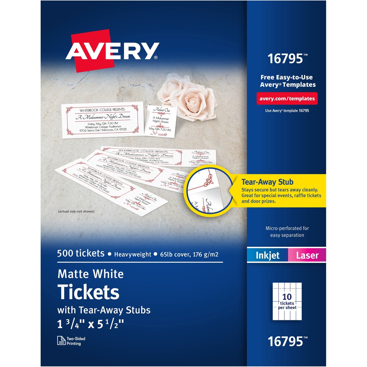 Avery&reg; Blank Printable Perforated Raffle Tickets - Tear-Away Stubs Matte White - 500 / Pack (16795)