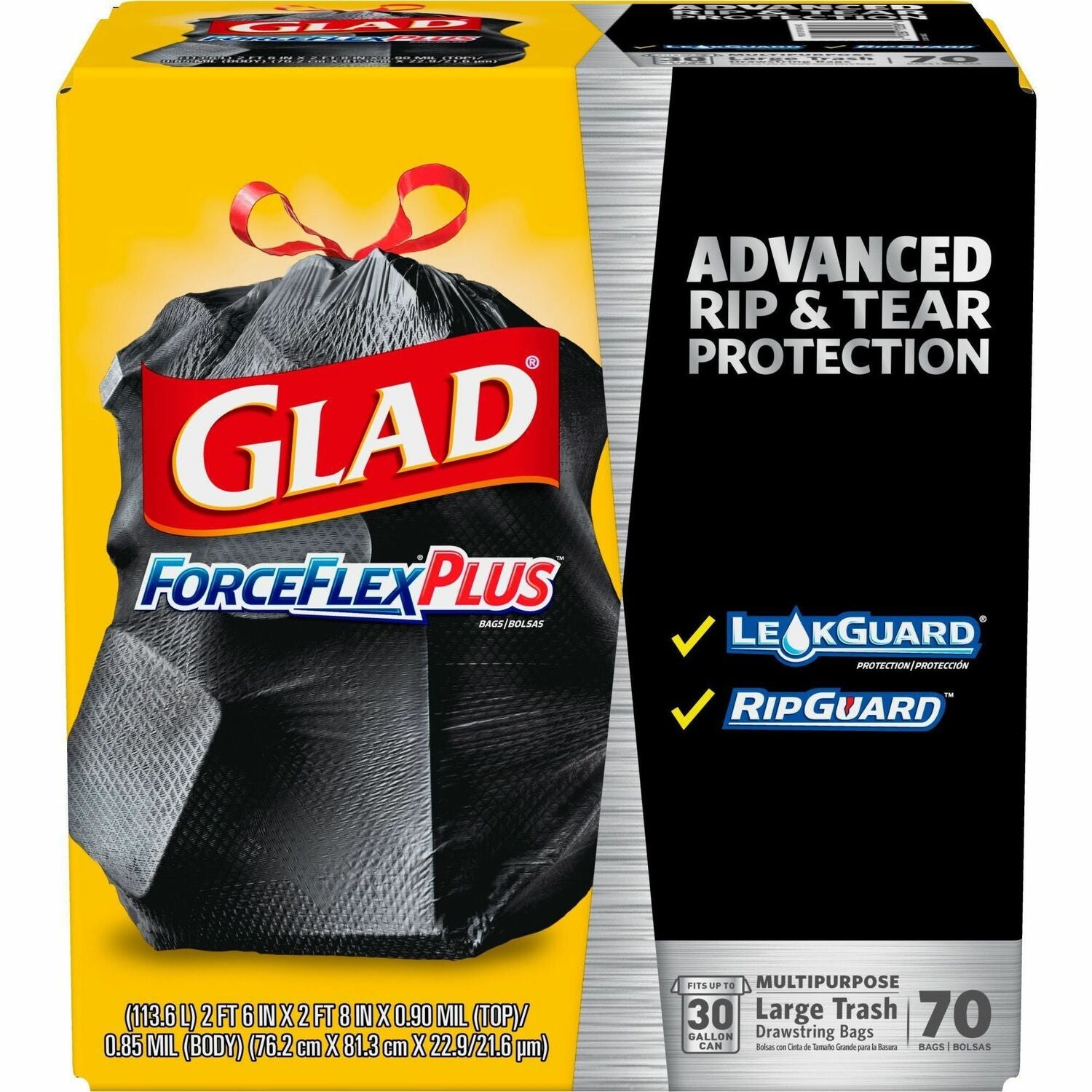 Glad Large Drawstring Trash Bags - ForceFlexPlus 30 gal Capacity - 1.05 mil (27 Micron) Thickness - Drawstring Closure - Black - Kitchen, Outdoor, Commercial, Office - 70/Box - 156 / Pallet (70358PL)