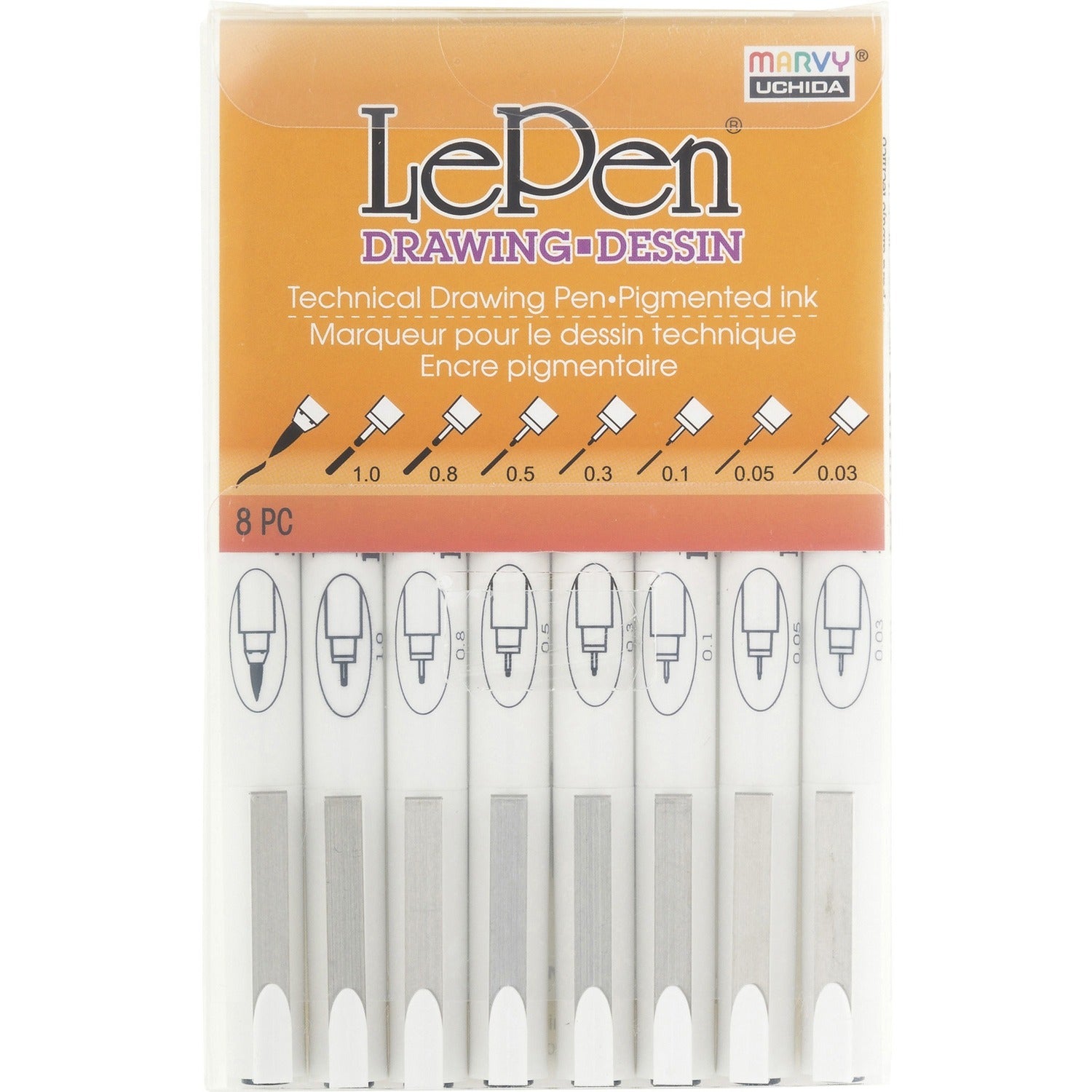 Marvy LePen Technical Drawing Pen Set 0.08 mm, 0.5 mm, 0.1 mm, 0.05 mm, 0.03 mm, 1 mm, 0.3 mm Pen Point Size - Brush Pen Point Style - Black Water Based, Pigment-based Ink - 8 / Pack (41008A)