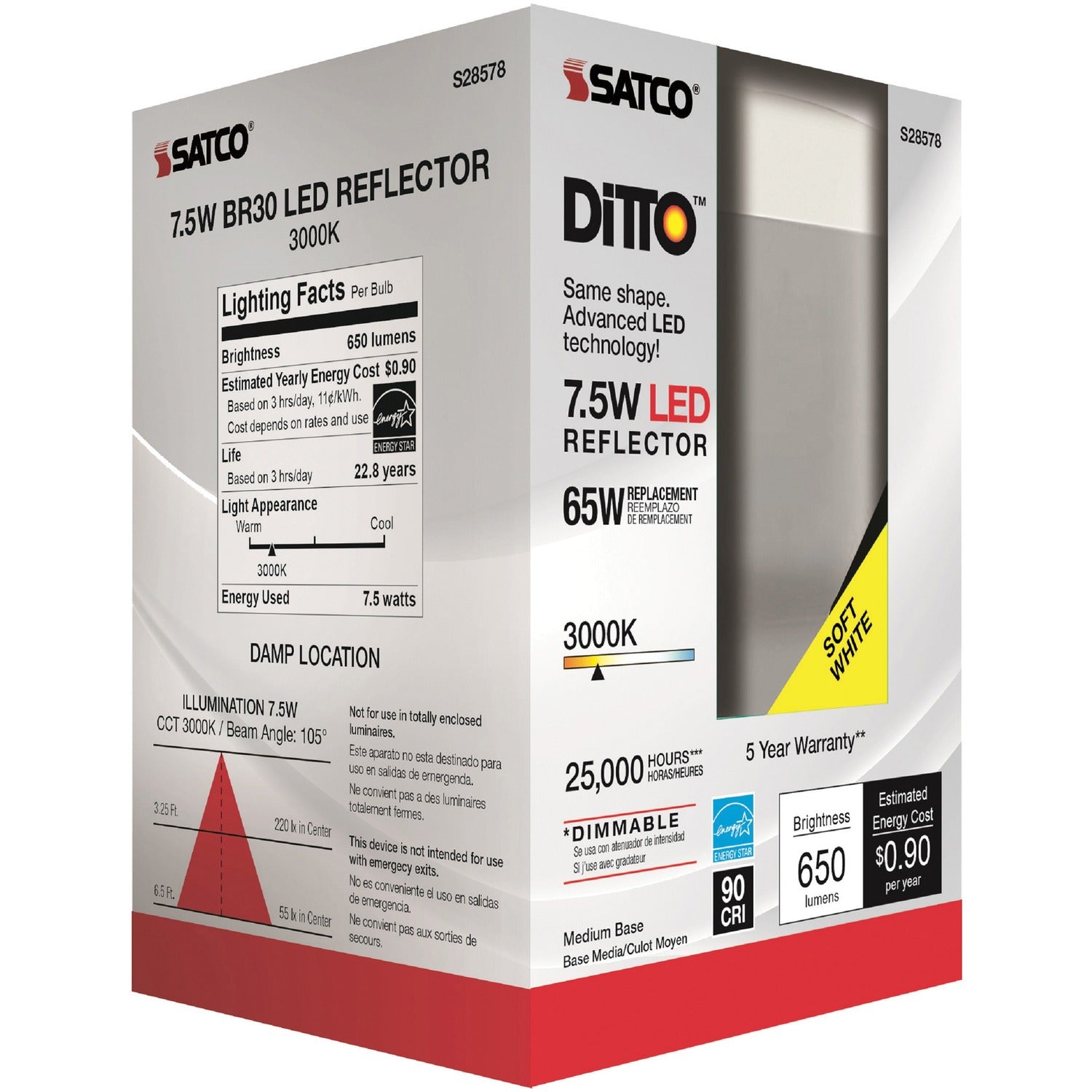 Satco 7.5W BR30 LED Bulb 7.50 W - 65 W Incandescent Equivalent Wattage - 120 V AC - 650 lm - BR30 Size - Frosted White - Warm White Light Color - E26 Base - 25000 Hour - 3000&deg;K Color Temperature - 93 CRI - 105&deg; Beam Angle - Dimmable - R (S28578CT)