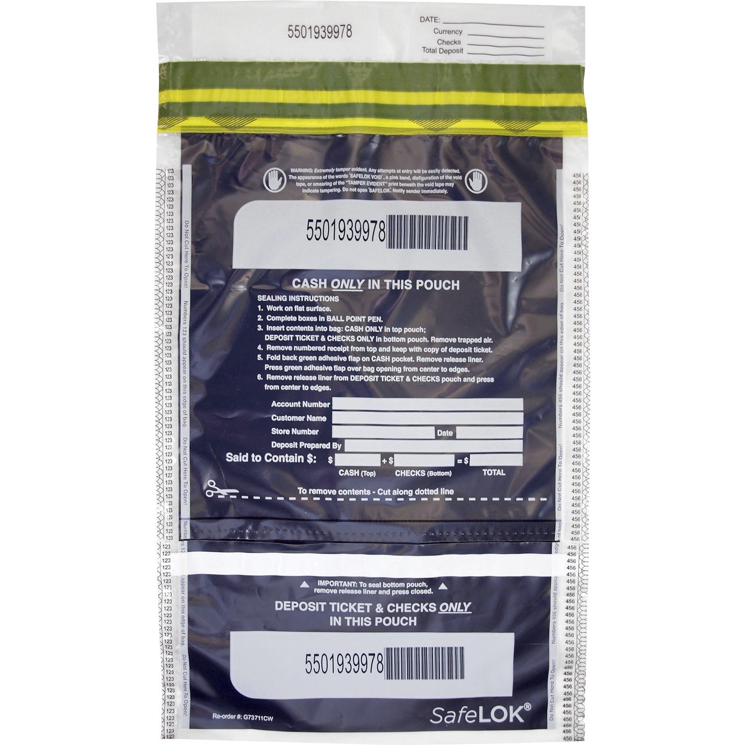 ControlTek SafeLOK VT Tamper-Evident Deposit Bags 15" Length x 10" Width - Seal Closure - Clear - Bill, Deposit, Cash, Deposit Slip, Check - 100 / Pack (585092)