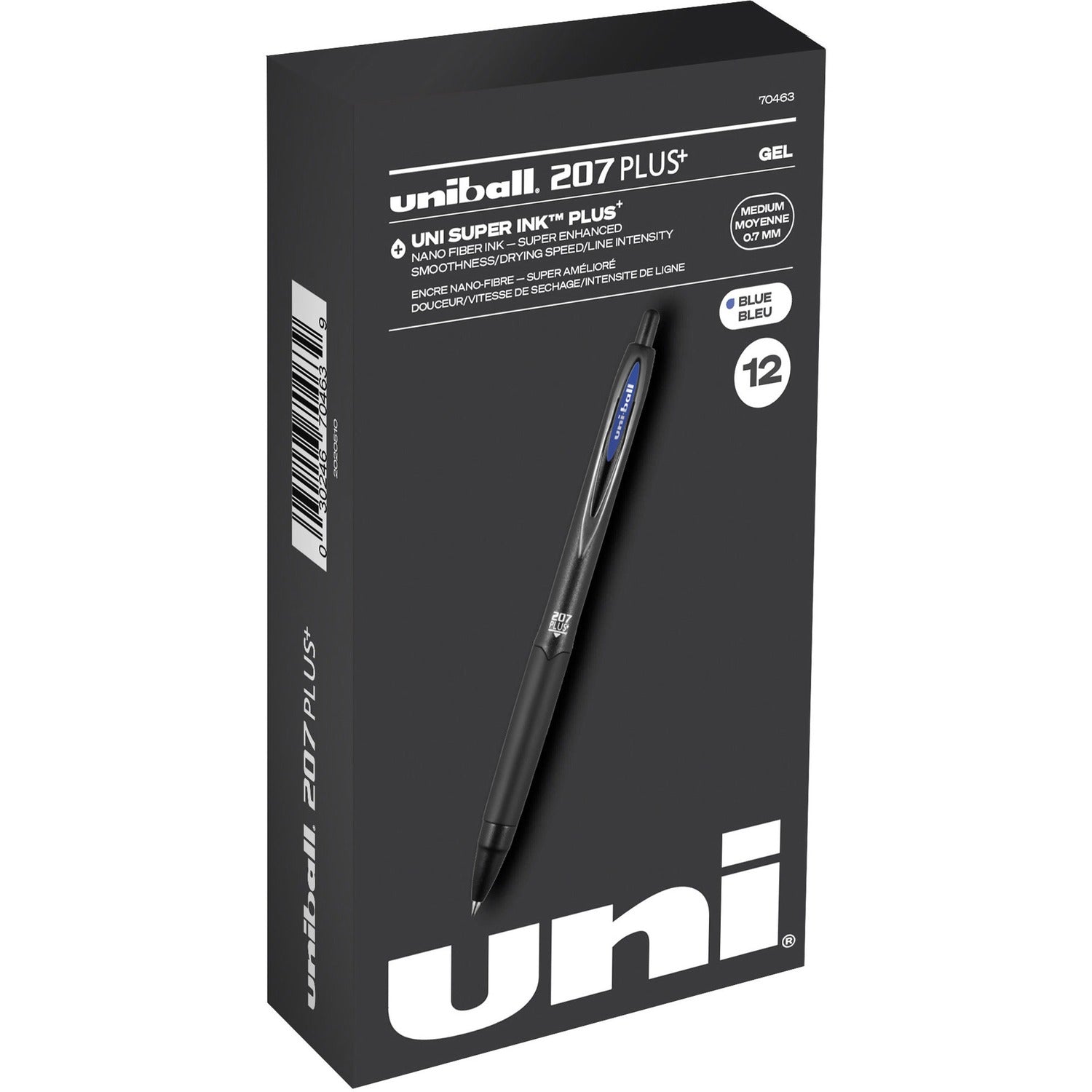 uni-ball uniball&trade; 207 Plus+ Gel Pen 0.7 mm Medium Conical Pen Point - Refillable - Retractable - Blue Ink - Gel-based, Nanofiber Ink - Black Metal Barrel - 1 Dozen (70463)