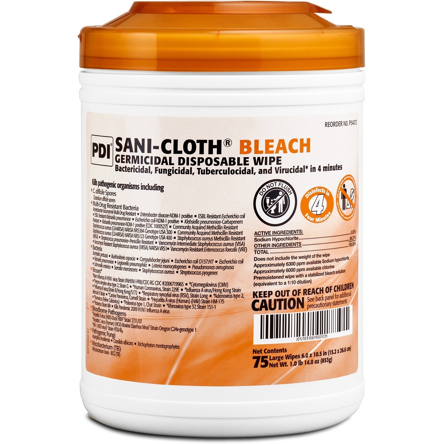 PDI Sani-Cloth Bleach Germicidal Wipes 10.50" Length x 6" Width - Disposable, Presaturated, Pre-moistened, Fungicide - White - 75/Tub - 12 / Carton (P54072CT)