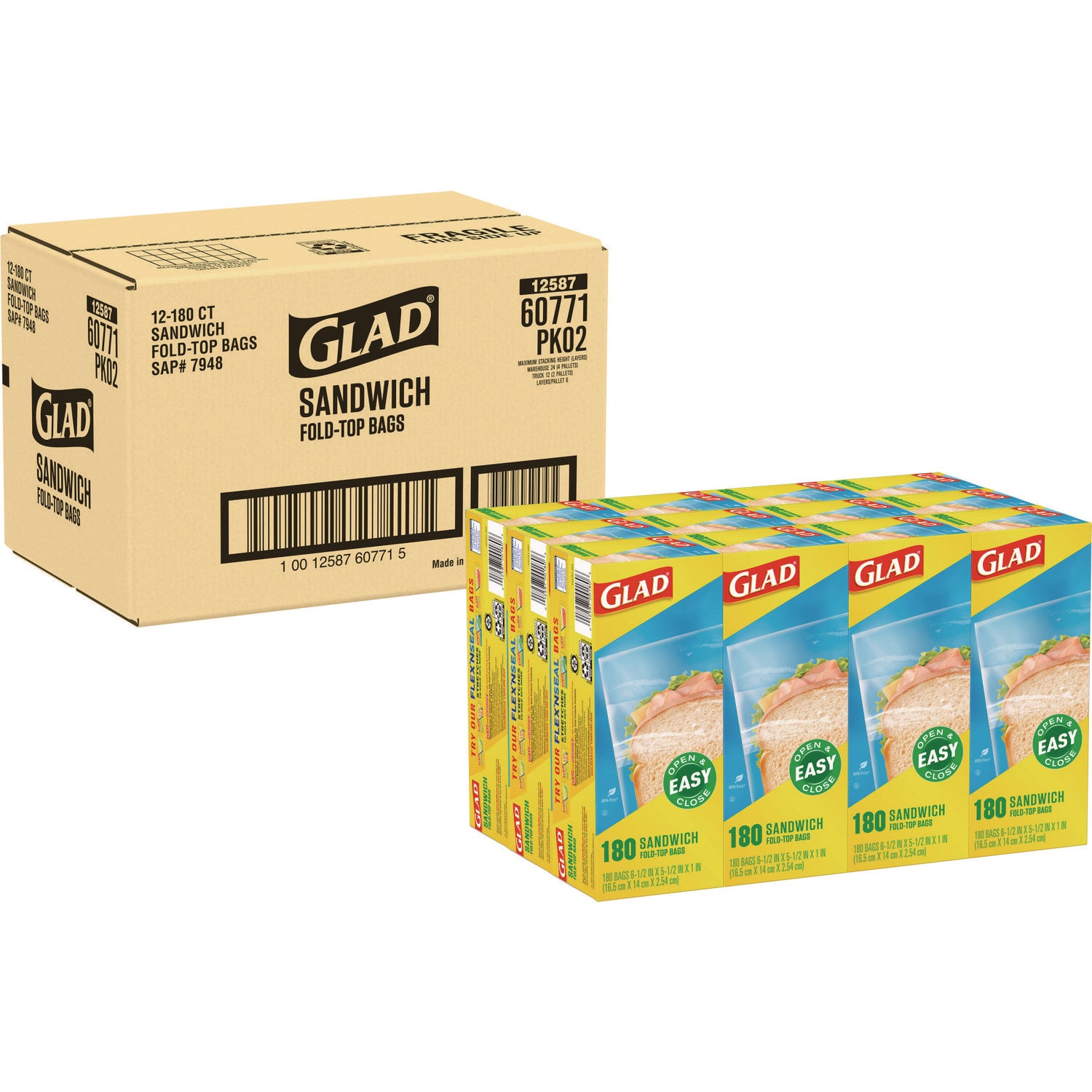 Glad Fold Top Food Storage Sandwich Bags, 6.5" x 5.5", Clear, 2,160/Carton (60771)