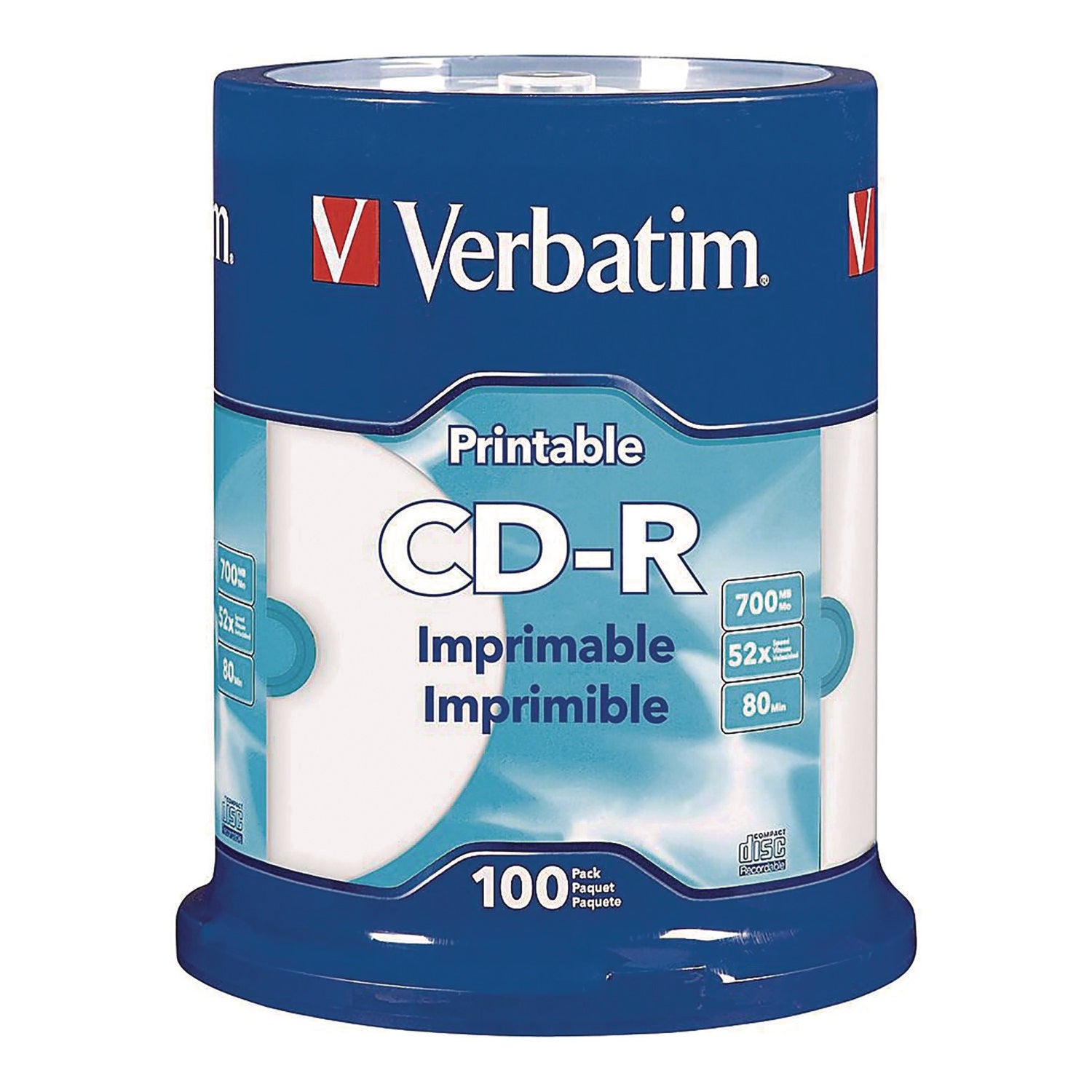 Verbatim CD-R Printable Recordable Disc, 700 MB/80 min, 52x, Spindle, White, 100/Pack (98493)