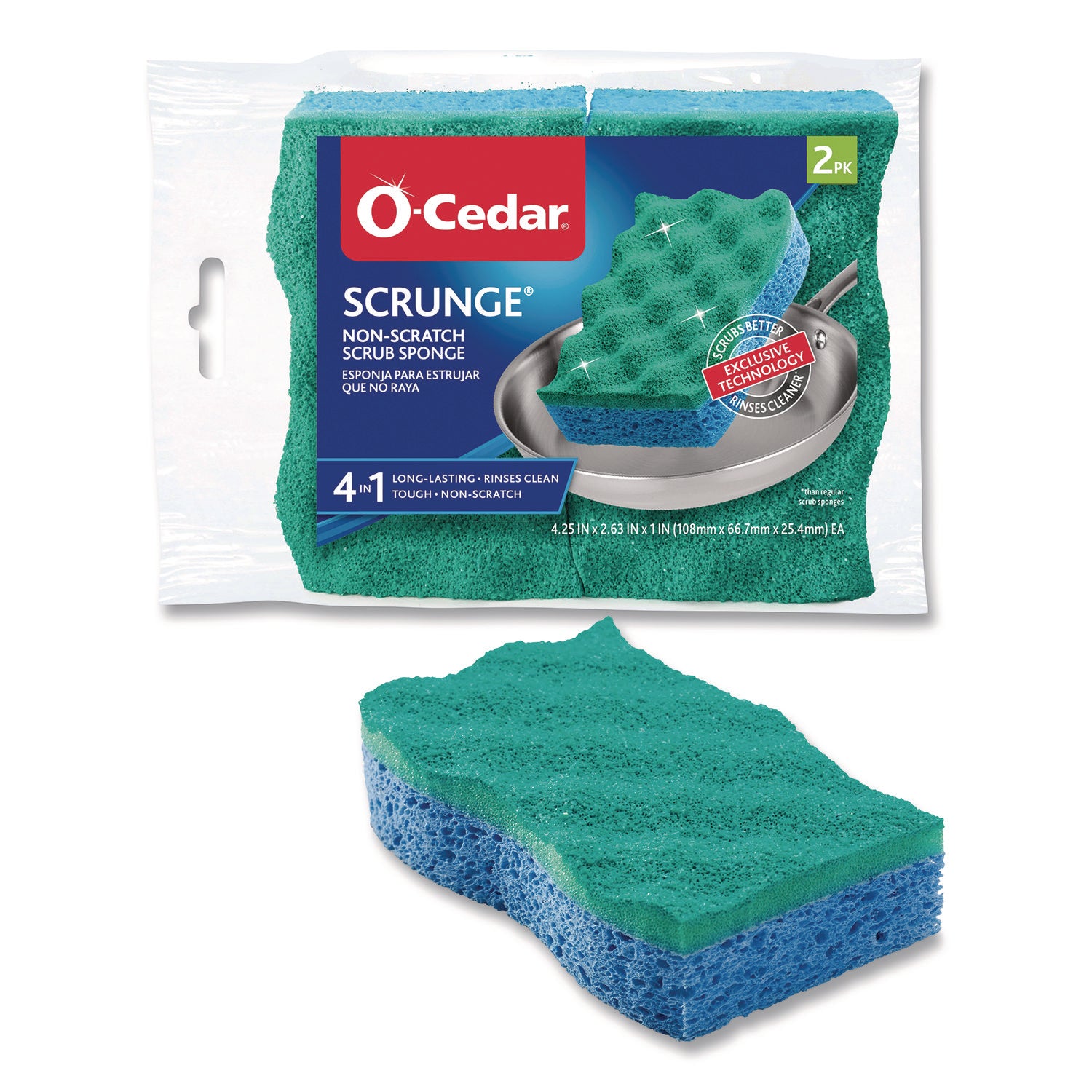 O-Cedar Scrunge Non-Scratch Scrub Sponge, 2.63" x 4.25", 1" Thick, Green/Blue, 2/Pack, 8 Packs/Carton (169431CT)