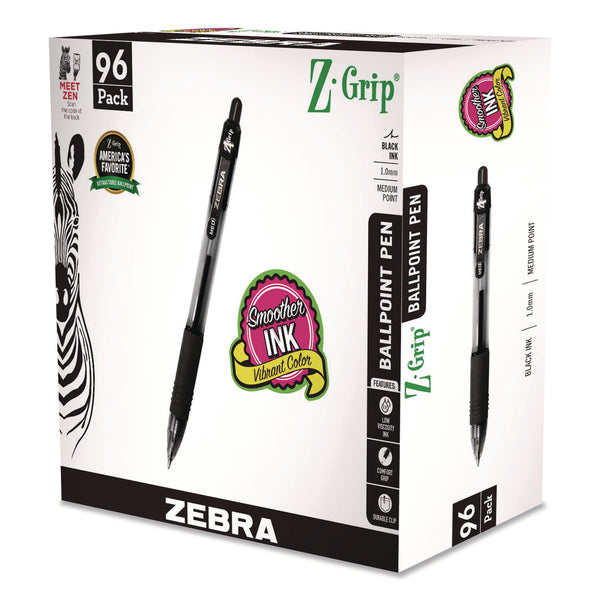 Zebra Z-Grip Ballpoint Pen, Retractable, Medium, 1 mm, Black Ink, Clear/Black Barrel, 96/Pack (22196)