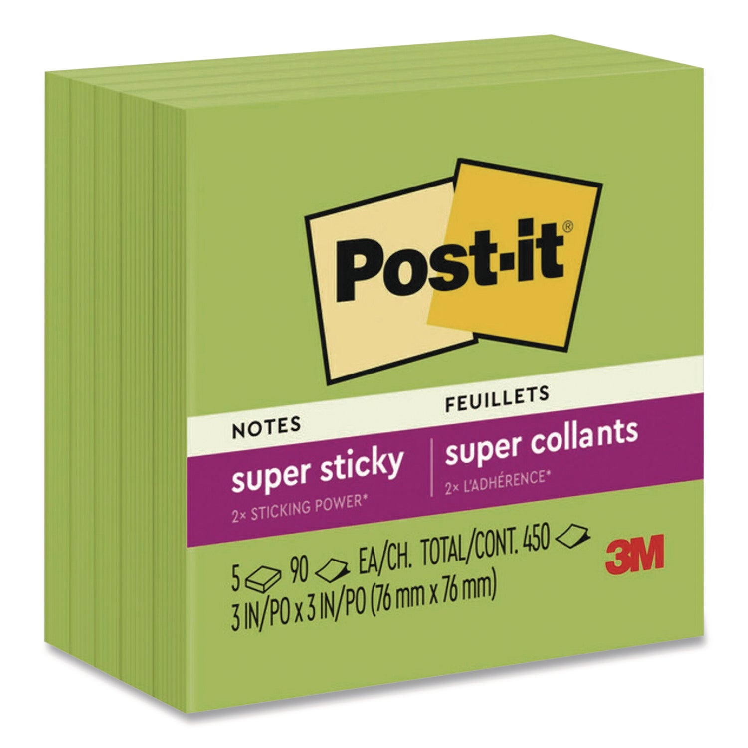 Post-it Super Sticky Pads in Energy Boost Collection Colors, 3 x 3, Limeade, 90 Sheets/Pad, 5 Pads/Pack (70005174100)
