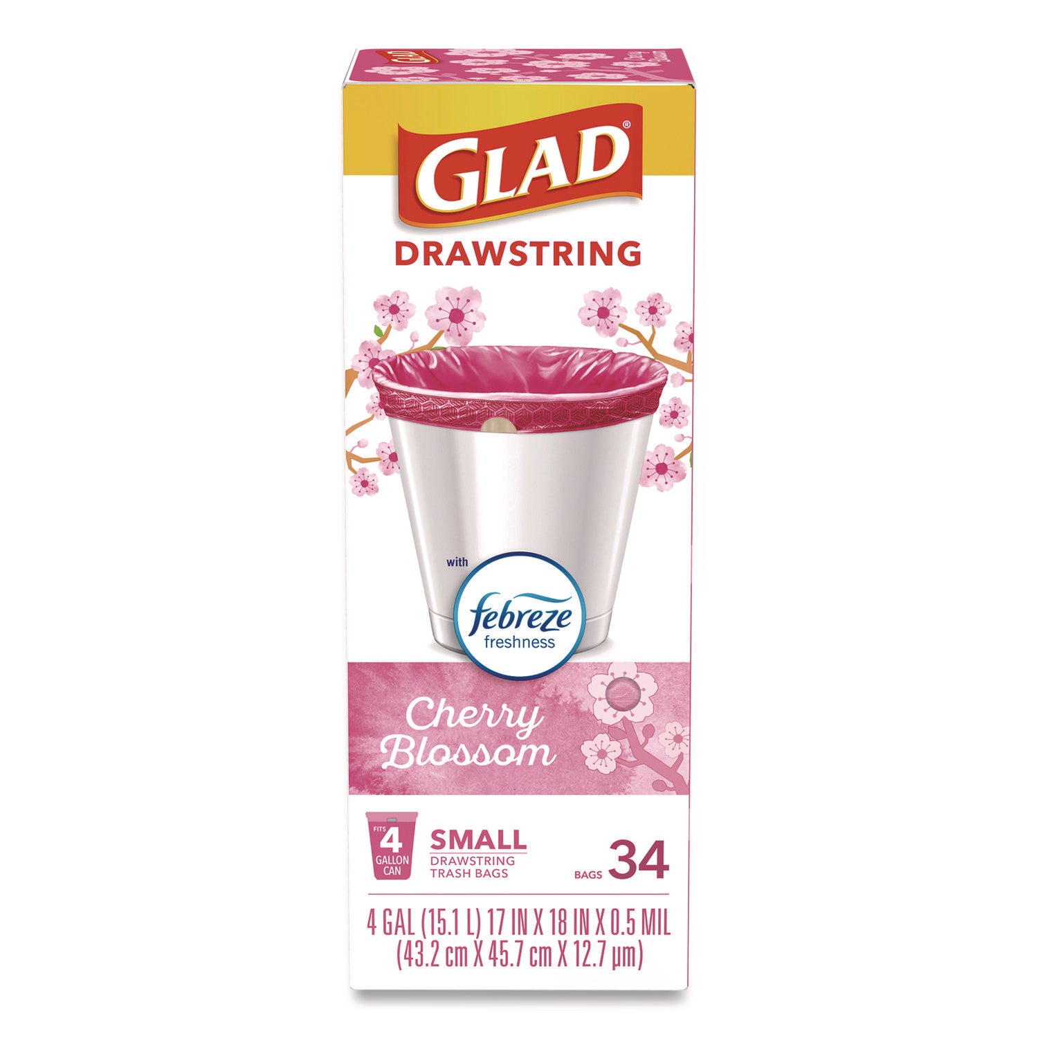 Glad OdorShield Small Drawstring Trash Bags, 4 gal, Cherry Blossom Scent, 0.5 mil, 18" x 17", Pink, 34/Box (79274)