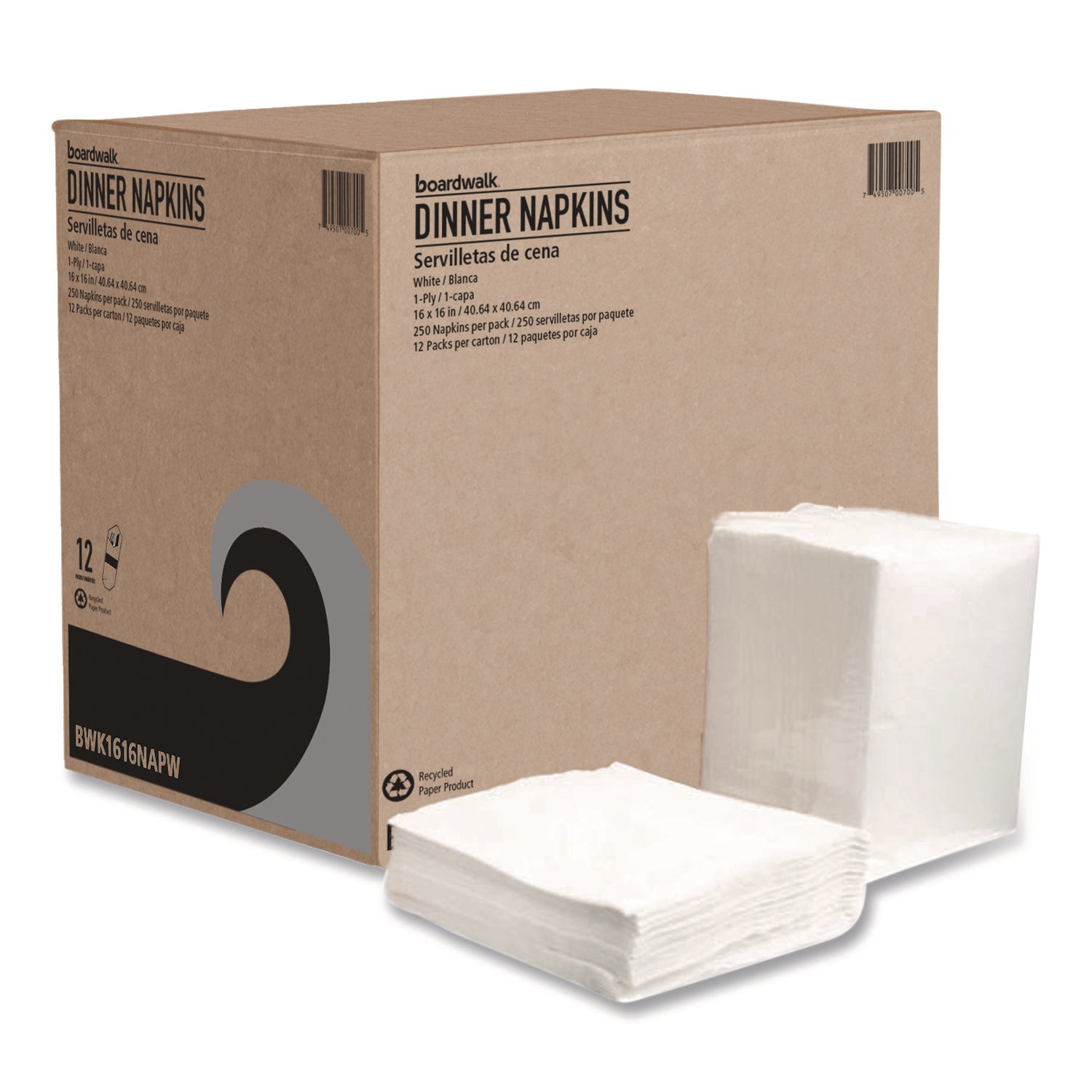Boardwalk Dinner Napkins, 1-Ply, 16" x 16", White, 250/Pack, 12 Packs/Carton (1616NAPW)