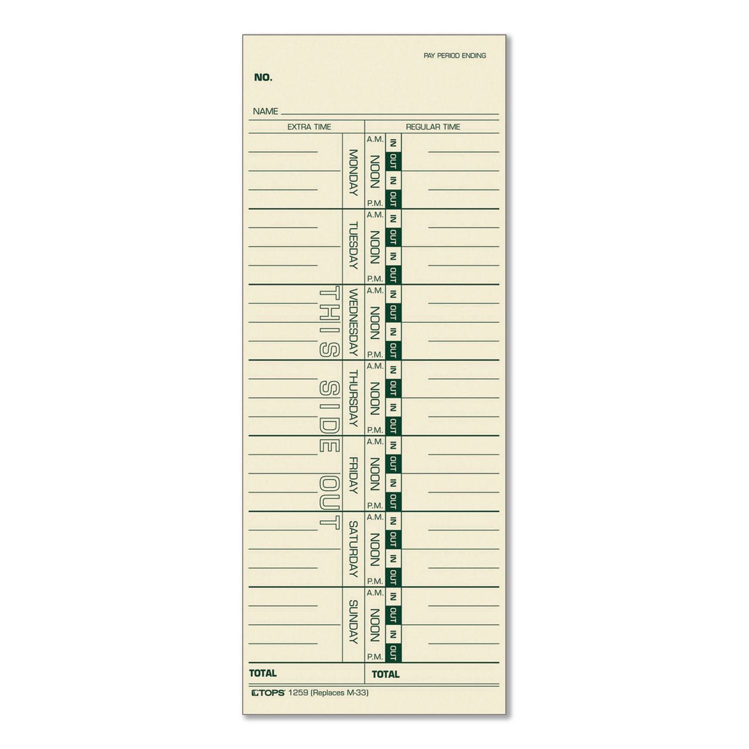 TOPS Time Clock Cards, Replacement for 10-800292/K14-15/M-33, One Side, 3.5 x 9, 100/Pack (12533)