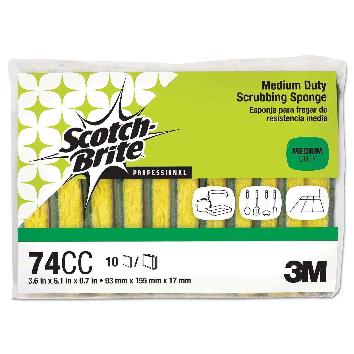 Scotch-Brite Medium-Duty Scrubbing Sponge, 3.6 x 6.1, 0.7" Thick, Yellow/Green, 10/Pack (74CC)