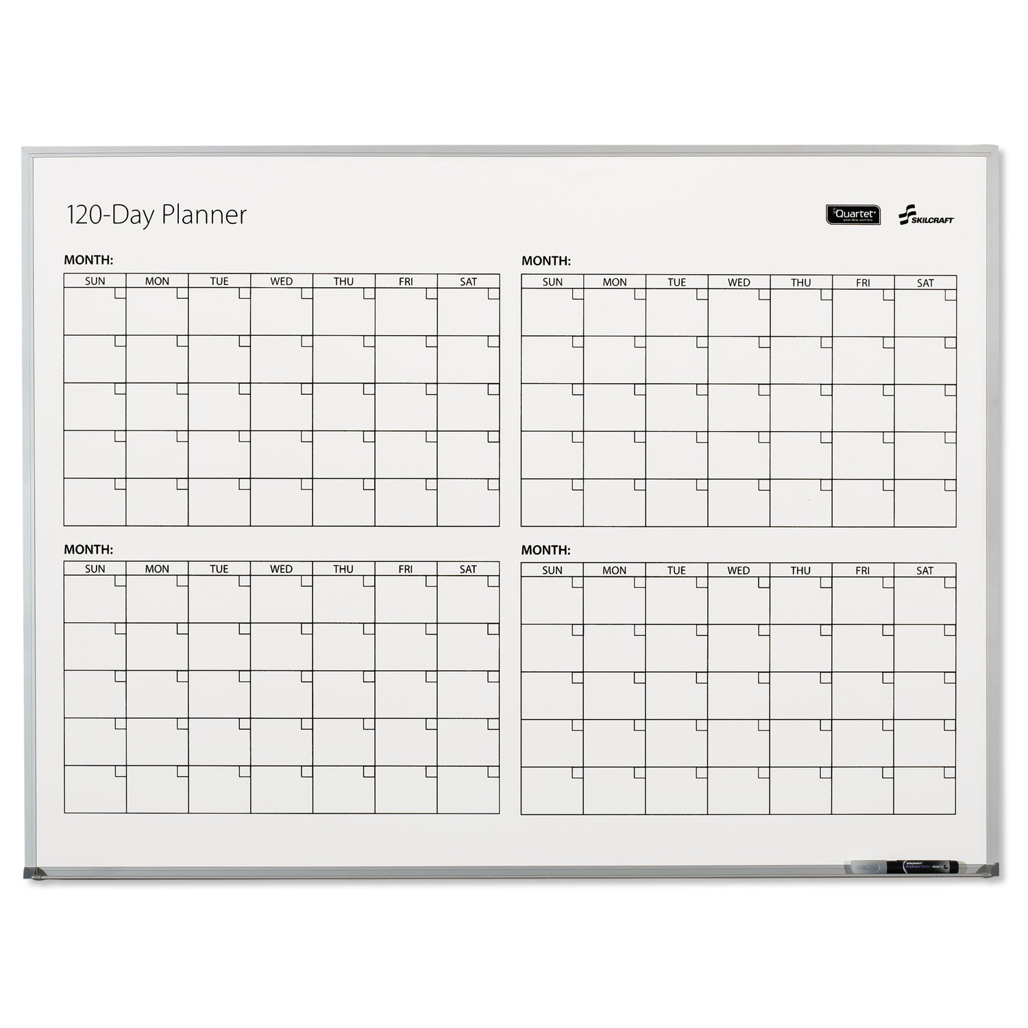 AbilityOne 7110016222133, SKILCRAFT 4-Month Dry Erase Calendar, 48 x 36, White Surface, Silver Aluminum Frame