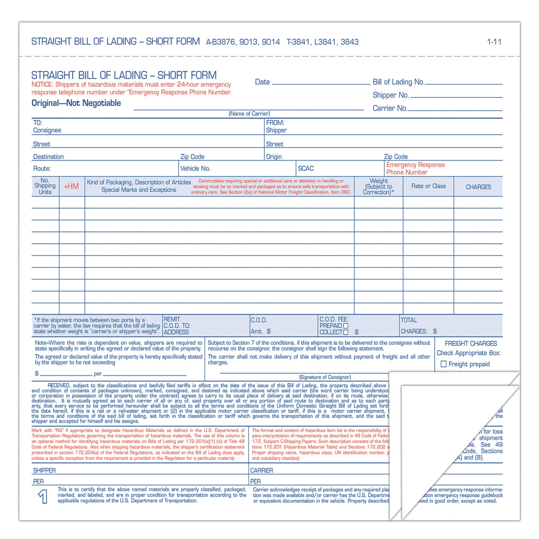 TOPS Hazardous Material Short Form, Three-Part Carbonless, 7 x 8.5, 250 Forms Total (L3841)