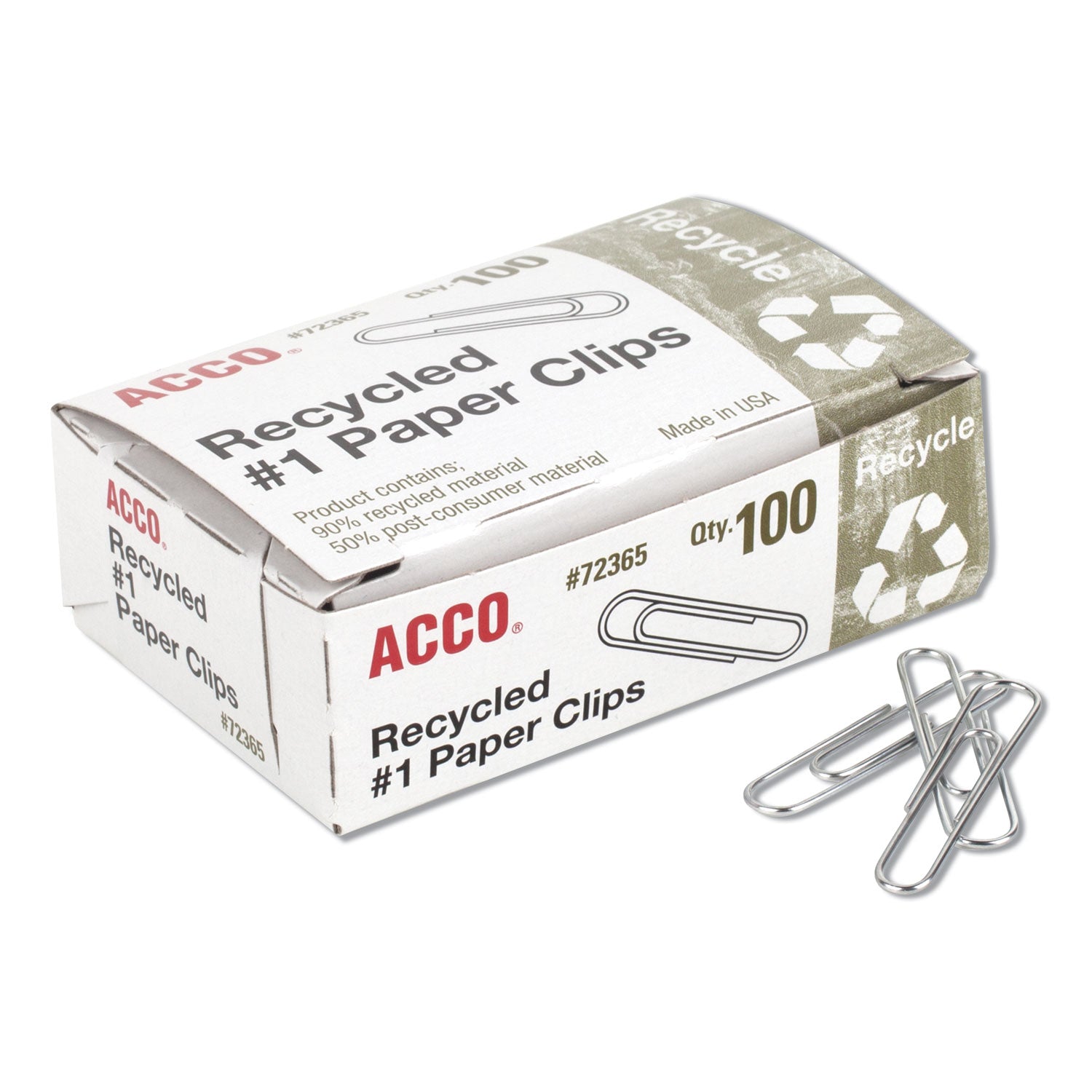 Acco&reg; Recycled Paper Clips, No. 1 Size, 100/Box, 10 Boxes/Pack (72365)