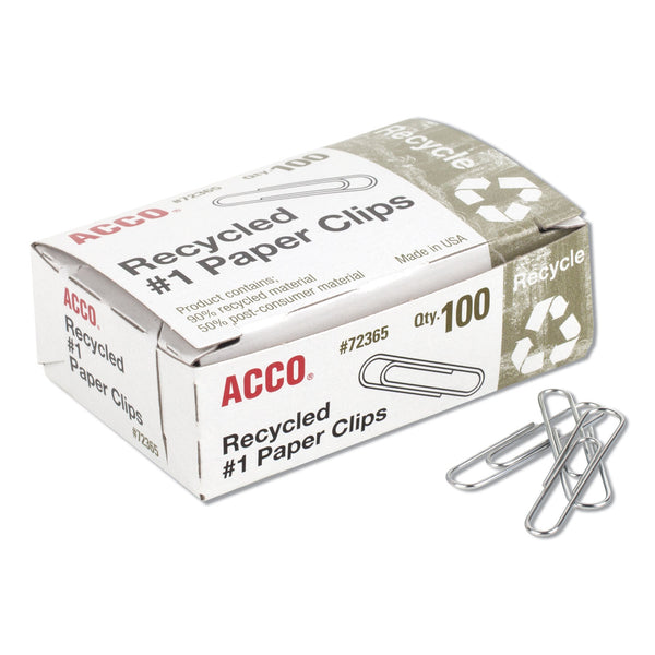 Acco&reg; Recycled Paper Clips, No. 1 Size, 100/Box, 10 Boxes/Pack (72365)