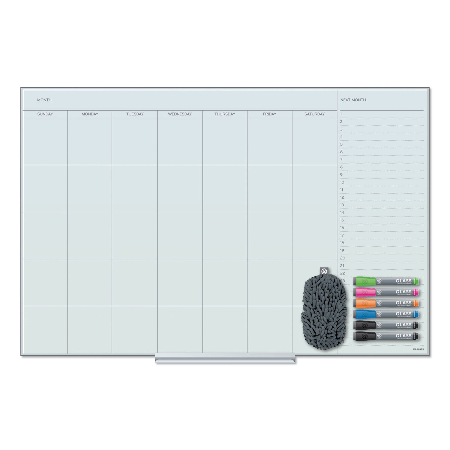 U Brands Floating Glass Dry Erase Undated One Month Calendar, 35 x 23, White (3967U0001)
