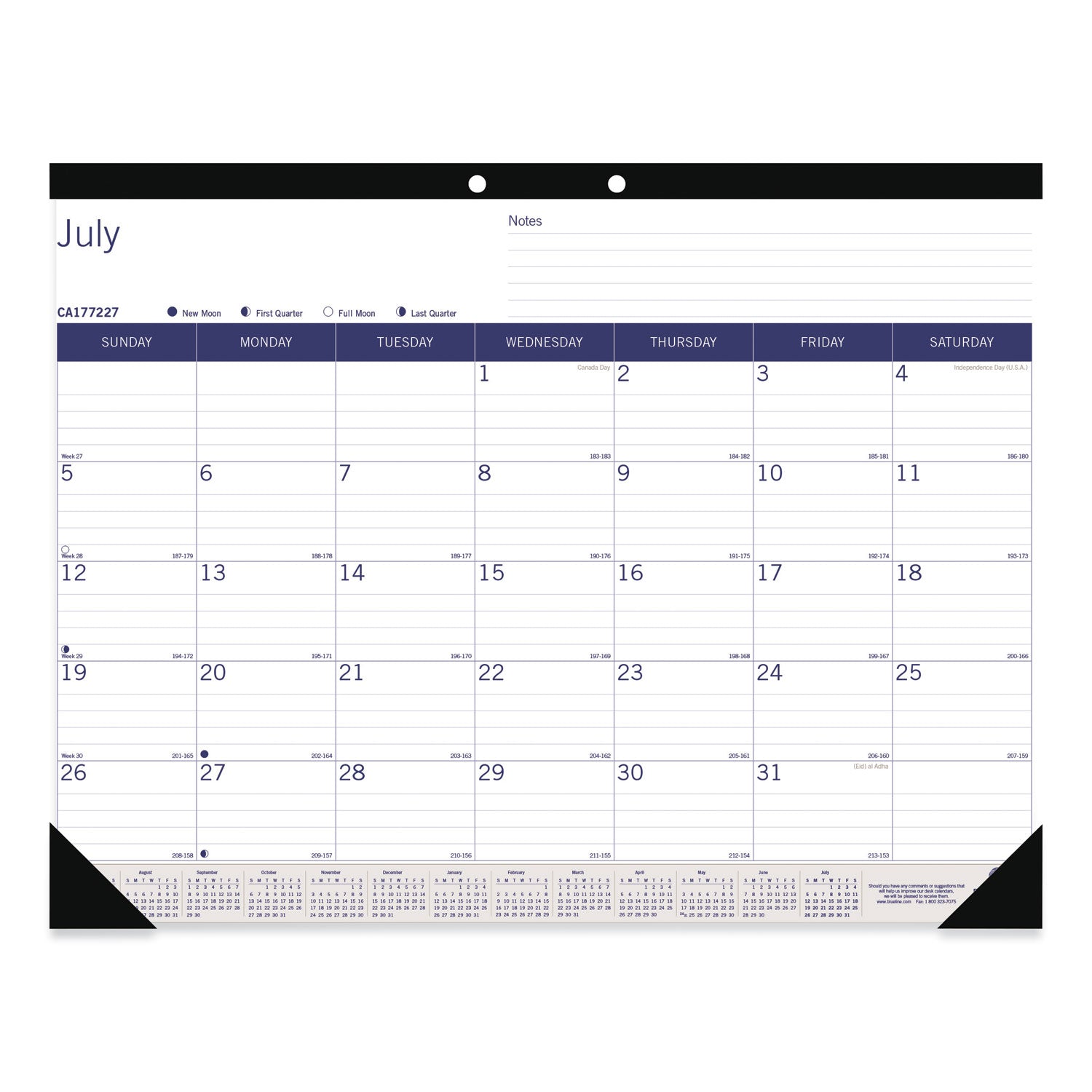 Blueline DuraGlobe Academic Desk Pad Calendar, 22 x 17, White/Blue/Gray Sheets, Black Headband, 13-Month: July 2025 to July 2026 (CA177227)
