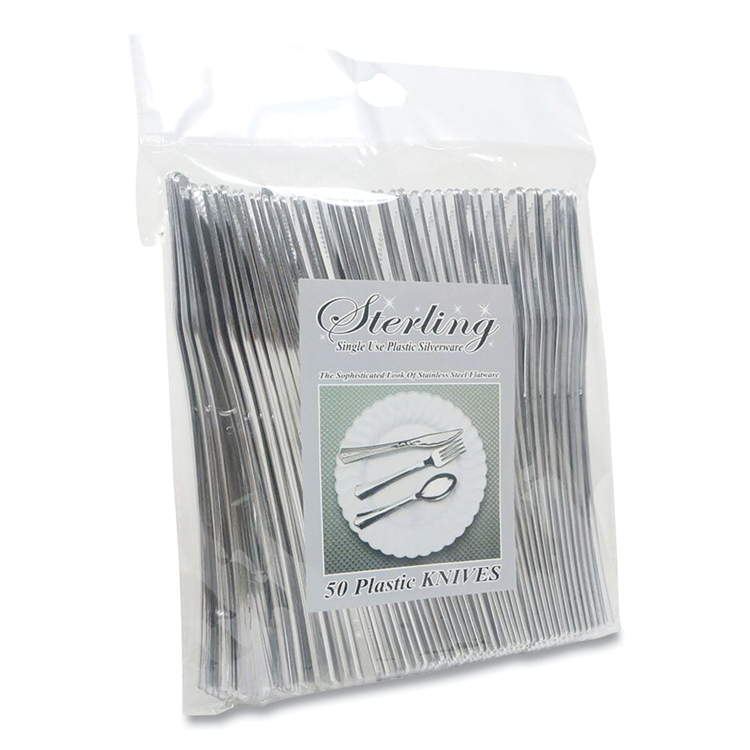 Tablemate Sterling Heavy-Duty Plastic Cutlery, Knives, Silver, 50/Pack (8305KSV)