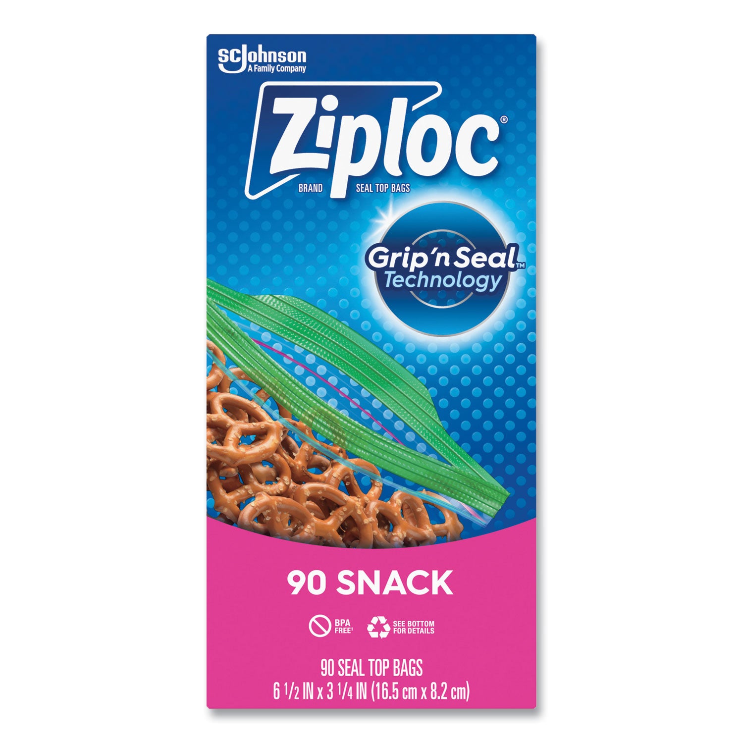 Ziploc Seal Top Snack Bags, Snack, 6.5" x 3.25", Clear, 90 Bags/Box, 12 Boxes/Carton (383215)
