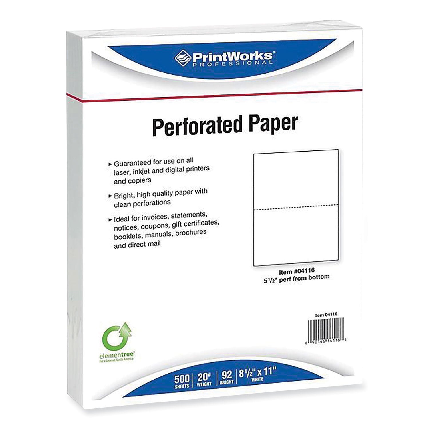 Printworks Professional Perforated and Punched Paper, 20 lb Bond Weight, 8.5 x 11, White, 500/Ream, 5 Reams/Carton (04166CT)