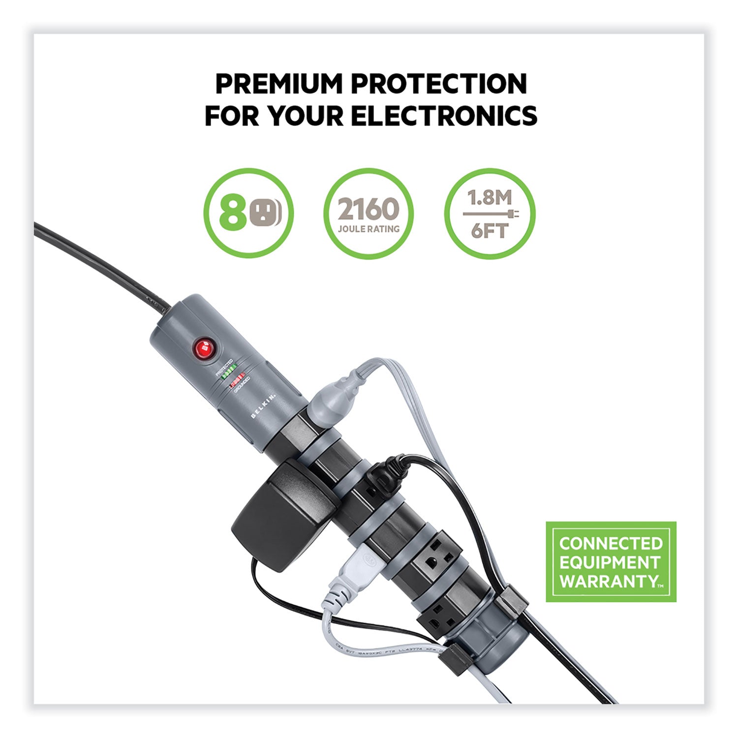 Belkin Pivot Plug Surge Protector, 8 AC Outlets, 6 ft Cord, 1,800 J, Black (BP10800006)