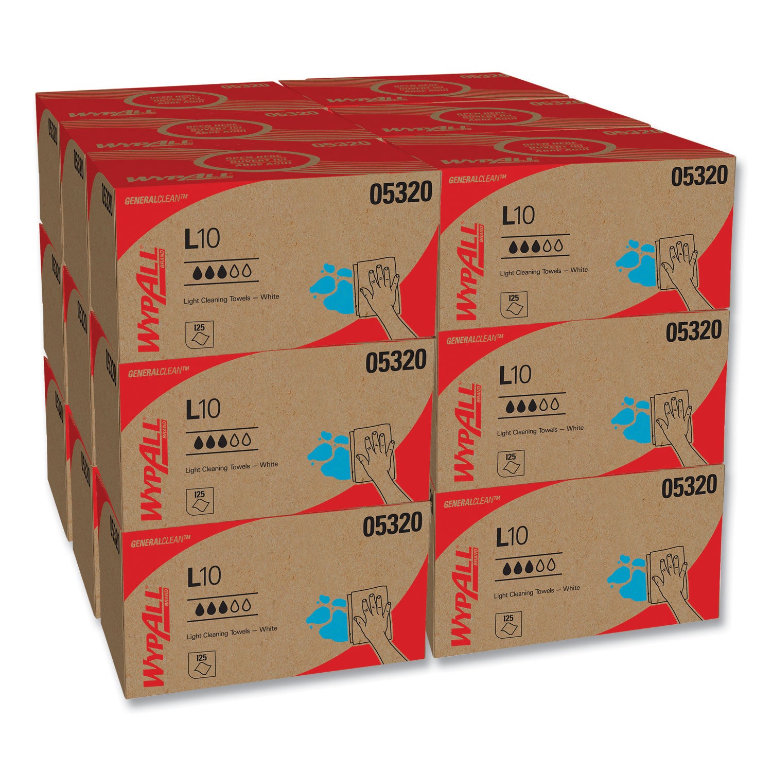 WypAll L10 Towels, POP-UP Box, 1-Ply, 9 x 10.5, White, 125/Box, 18 Boxes/Carton (05320)