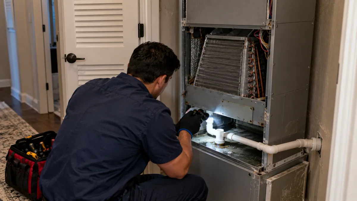 Repairman inspecting the condensate drain line of an AC air handler in a condo closet in Irving TX