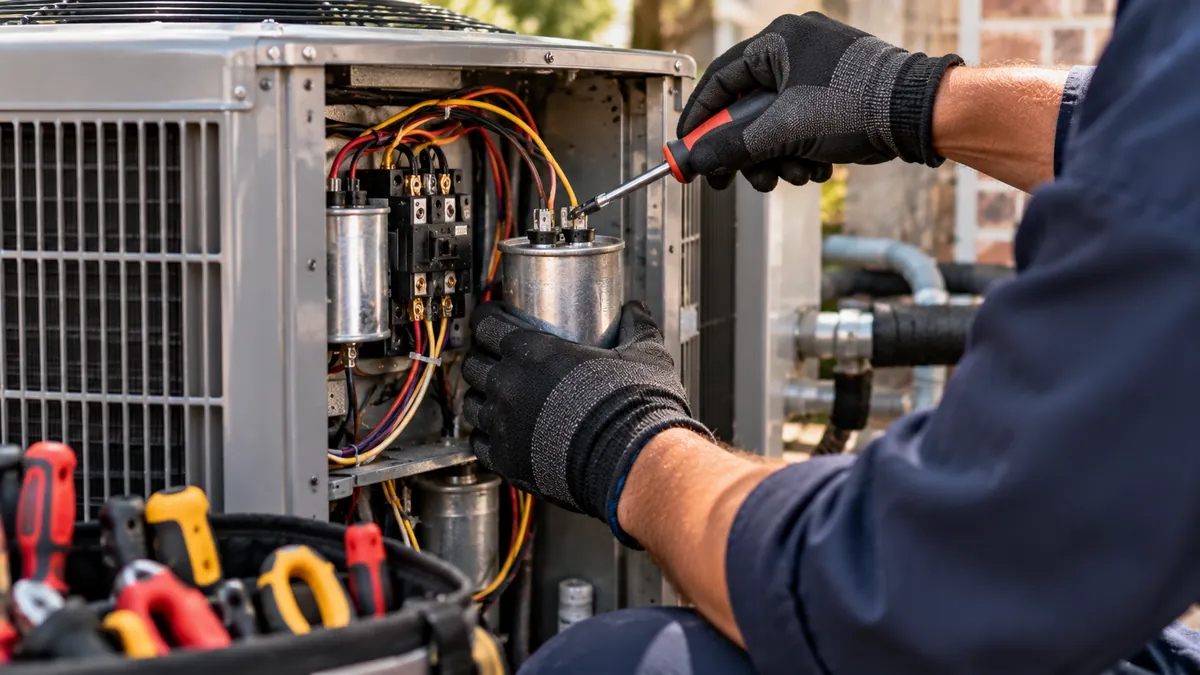 Repairman replacing a capacitor during air conditioning repair in Allen TX