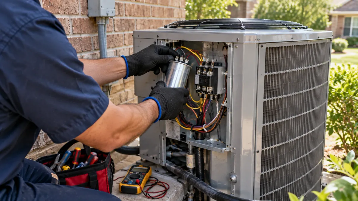Repairman replacing a capacitor during air conditioning repair in Grand Prairie TX