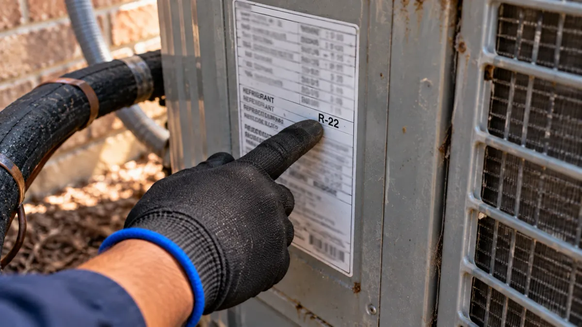 Repairman pointing to the R-22 refrigerant label on an outdoor AC unit during AC repair in Grand Prairie TX