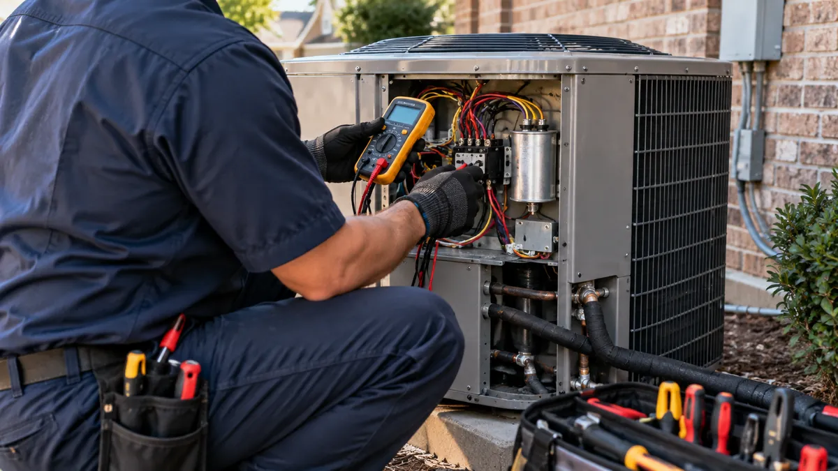 Repairman testing an outdoor AC unit with a multimeter during AC repair in Allen TX