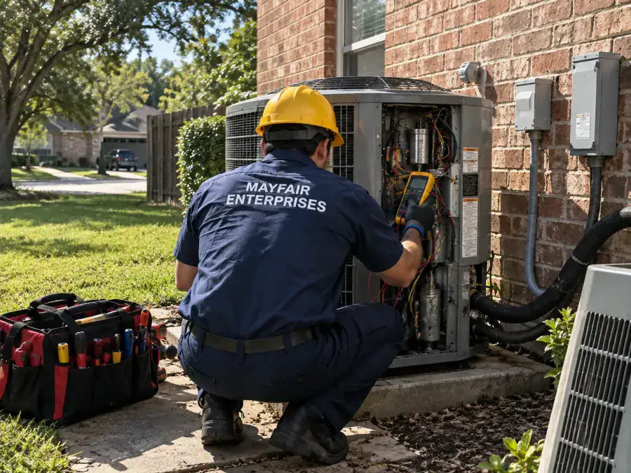 Repairman testing an outdoor AC unit with a multimeter during HVAC and air conditioning repair in Dallas TX