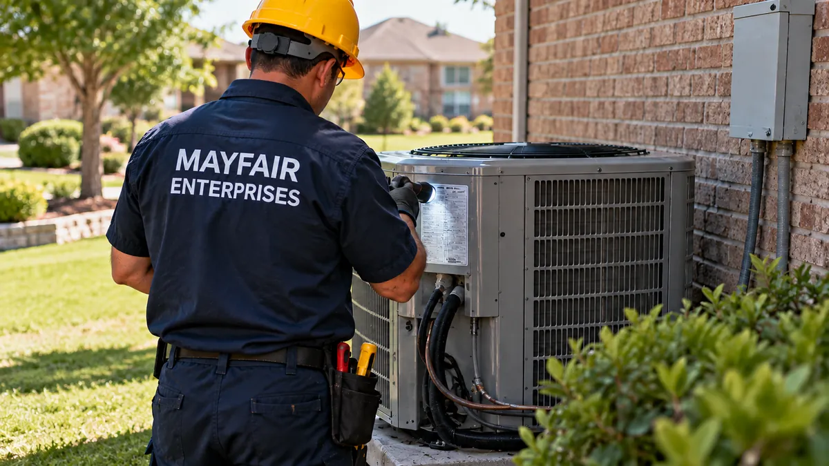 Repairman checking the refrigerant label on an outdoor AC unit during AC repair in Garland TX