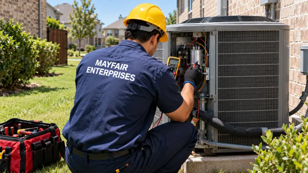 Repairman testing an outdoor AC unit with a multimeter during summer AC repair in McKinney TX