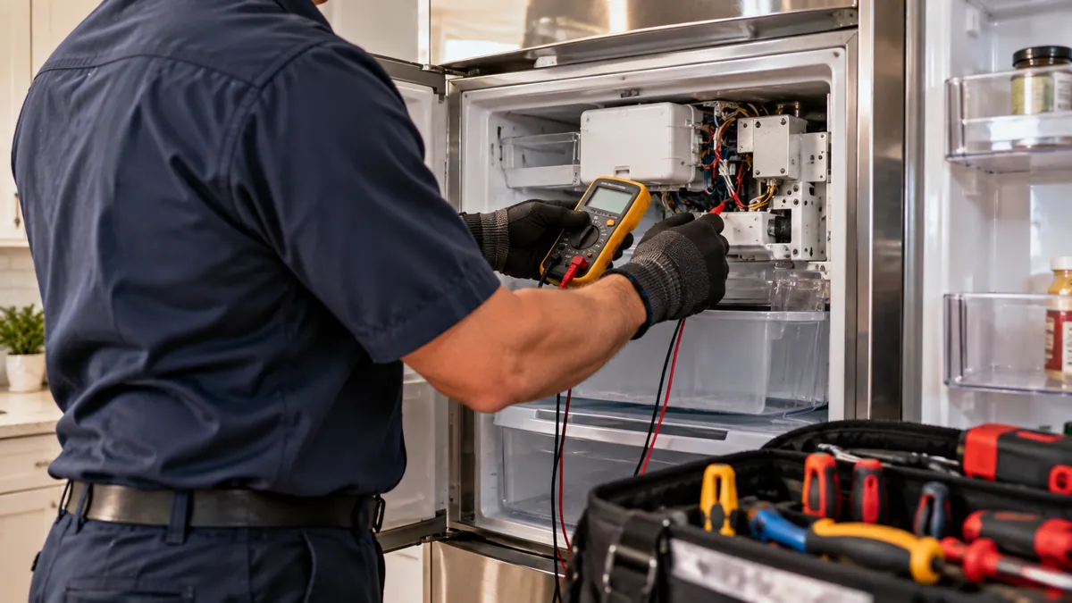 Repairman testing a refrigerator with a multimeter during appliance repair in Arlington TX