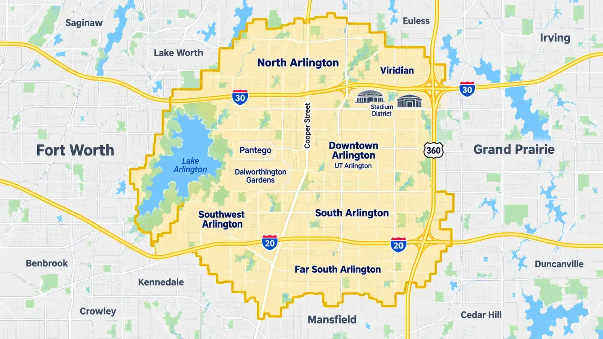 Map of Arlington TX neighborhoods served by Mayfair Enterprises appliance repair