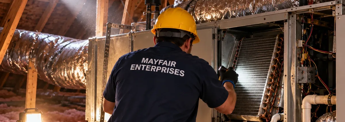 Repairman inspecting an AC evaporator coil in a Dallas TX attic during air conditioning repair